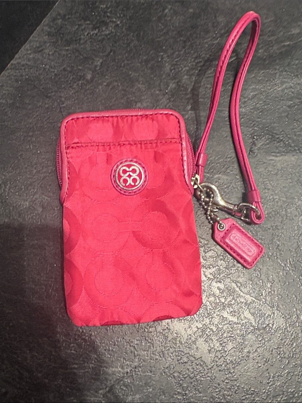 Coach Pink Signature Wristlet Phone Case with Logo Charm